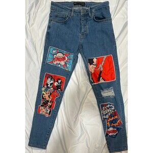 2Y Premium Comic Patch Skinny Jeans Pop Art Graphic Button-Fly Denim Pants